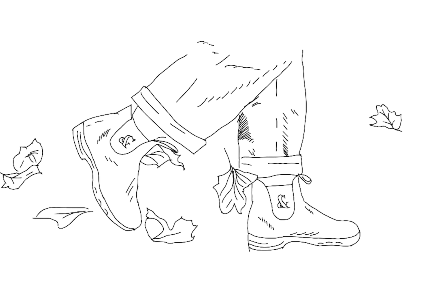 a hand-drawn pair of boots with ampersands on them, walking through falling autumn leaves
